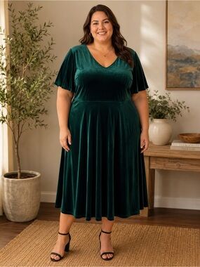Bridesmay Emerald Green Velvet Midi Dress XXL Fit Flare Flutter Sleeve Formal